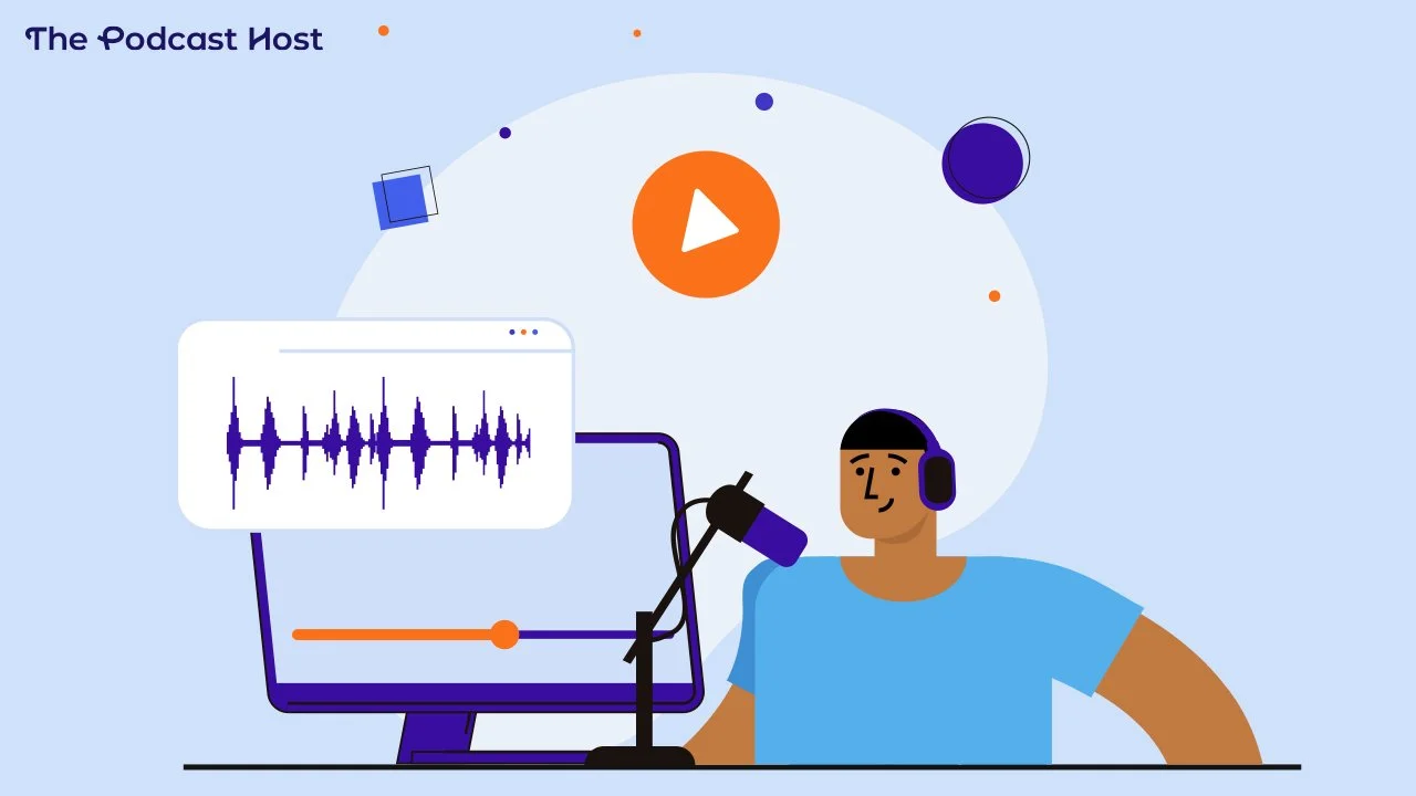 Illustration of a podcaster wearing headphones speaking into a microphone, with an audio waveform and a play button on the screen beside them