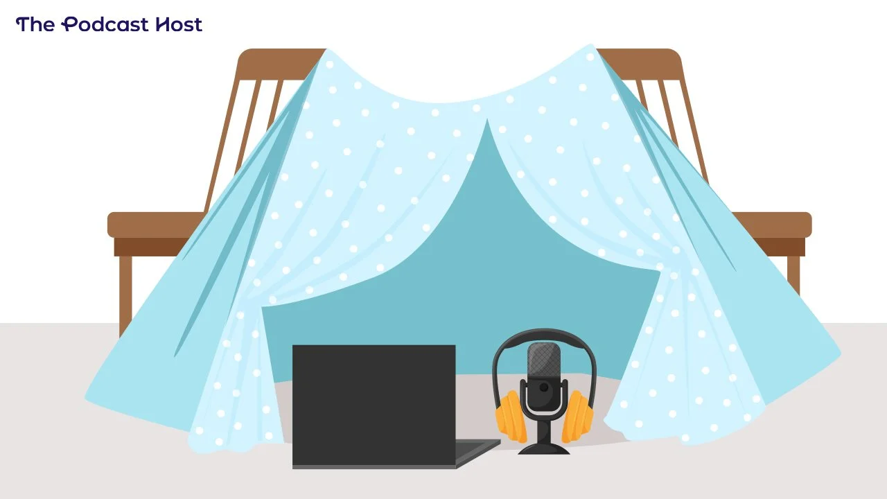 Illustration of a blanket-fort recording setup: a polka-dot sheet draped over two chairs, with a laptop and microphone tucked underneath