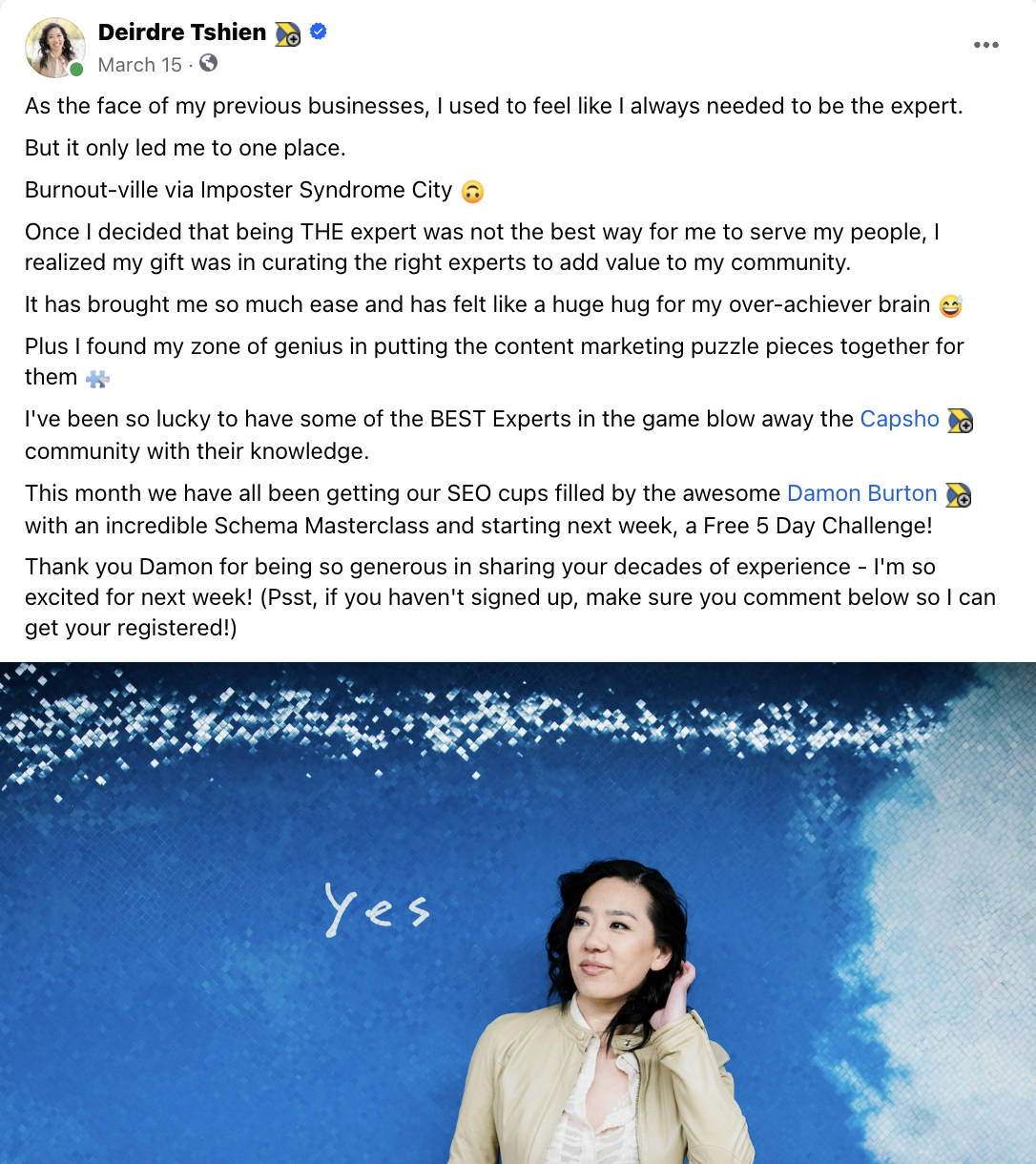 Example community post: a Facebook post from Deirdre Tshien about shifting from being "the expert" to curating experts for her community, thanking a featured guest