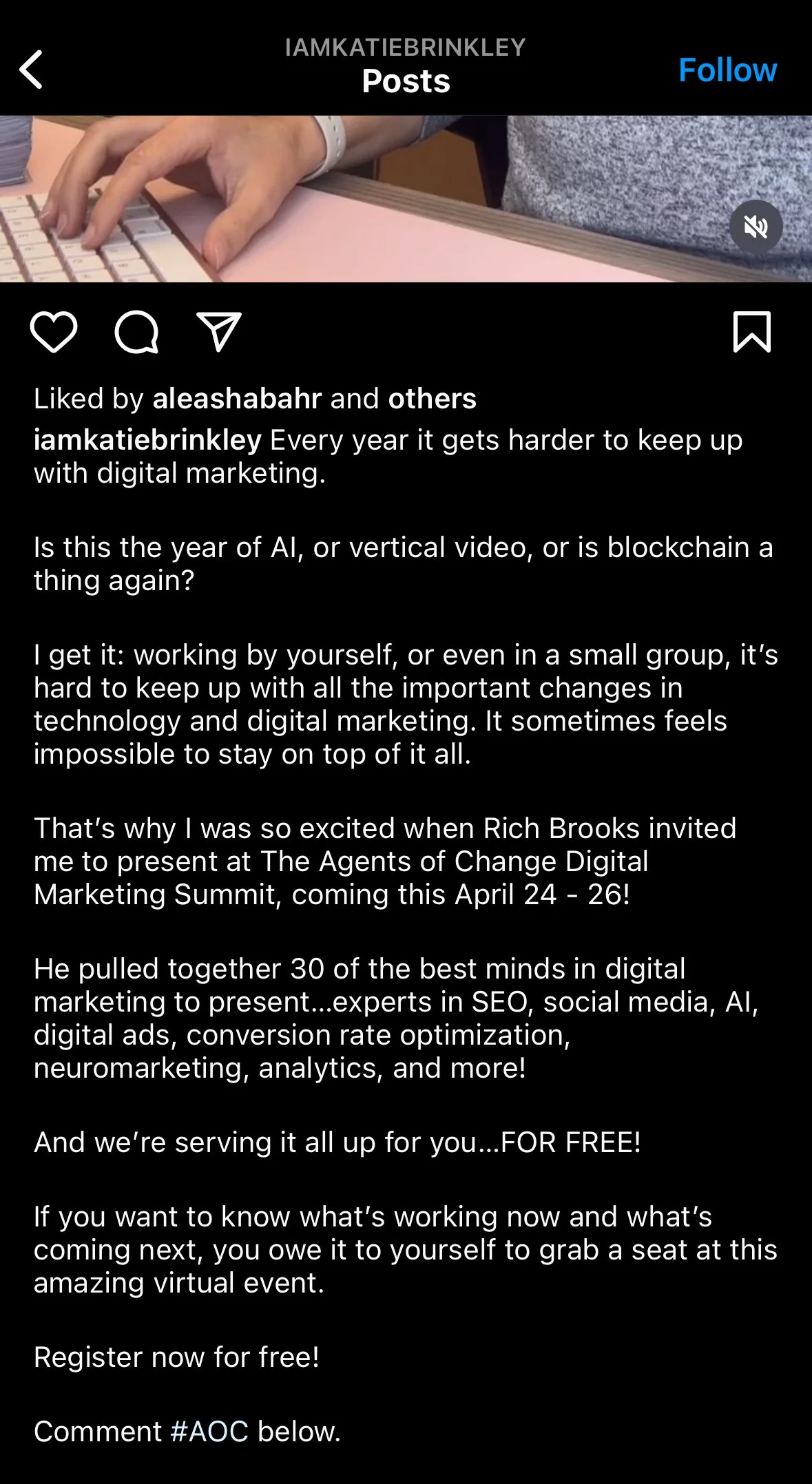 Example action post: an Instagram post from Katie Brinkley inviting followers to register for free for The Agents of Change Digital Marketing Summit