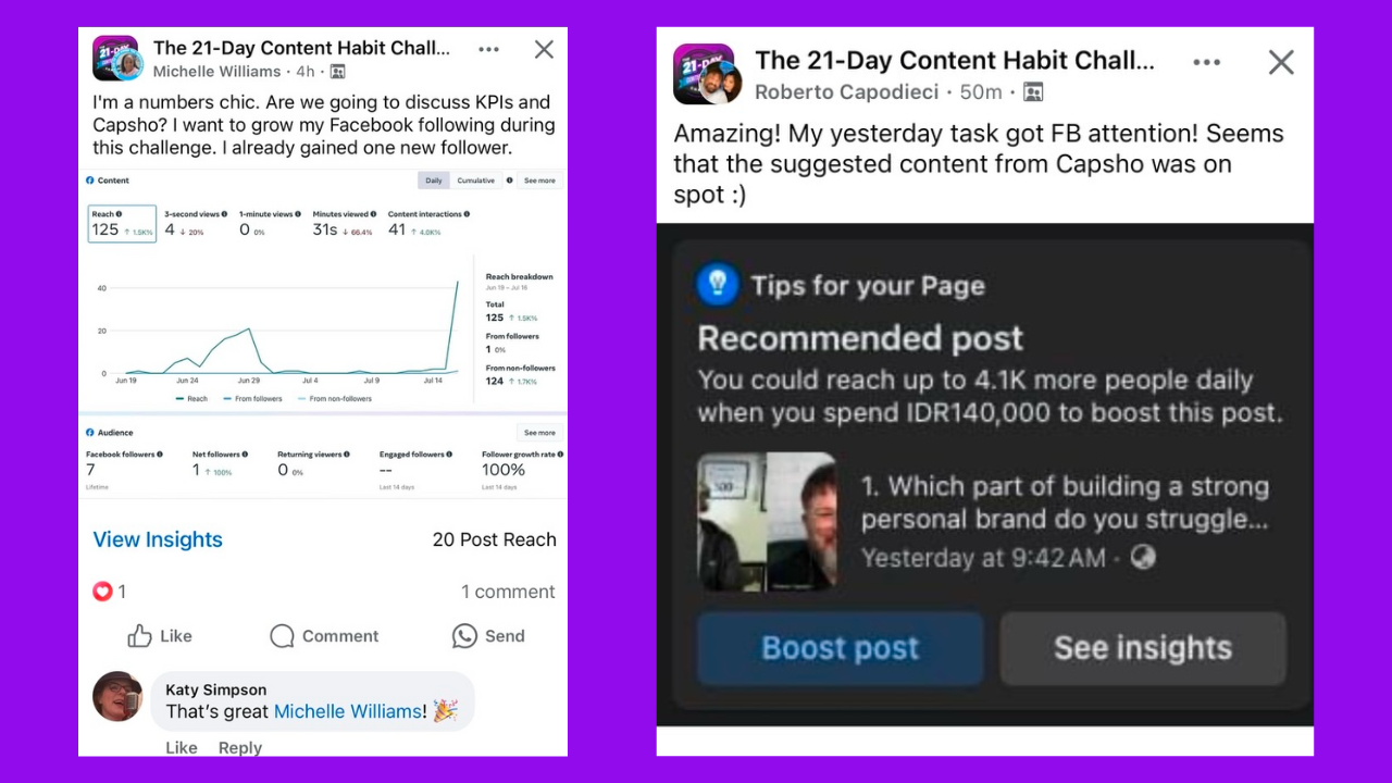 Two Facebook posts from members of the 21-Day Content Habit Challenge group sharing screenshots of their growing page analytics and engagement
