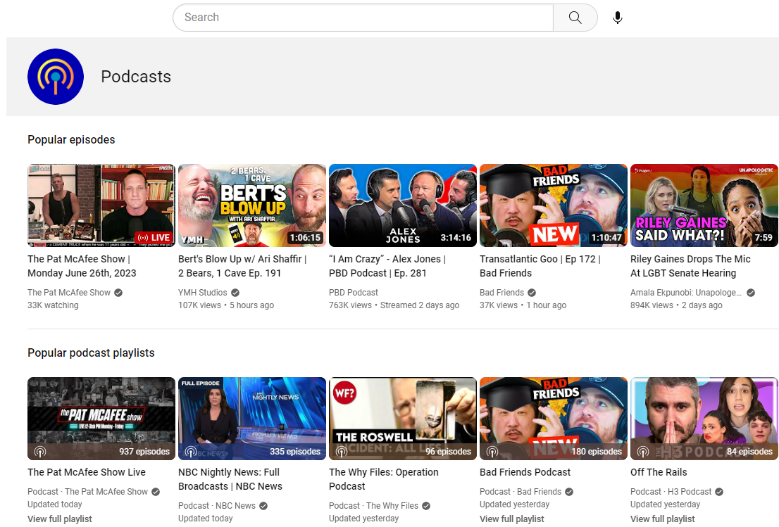 Screenshot of YouTube's Podcasts destination page showing rows of popular podcast episodes and playlists