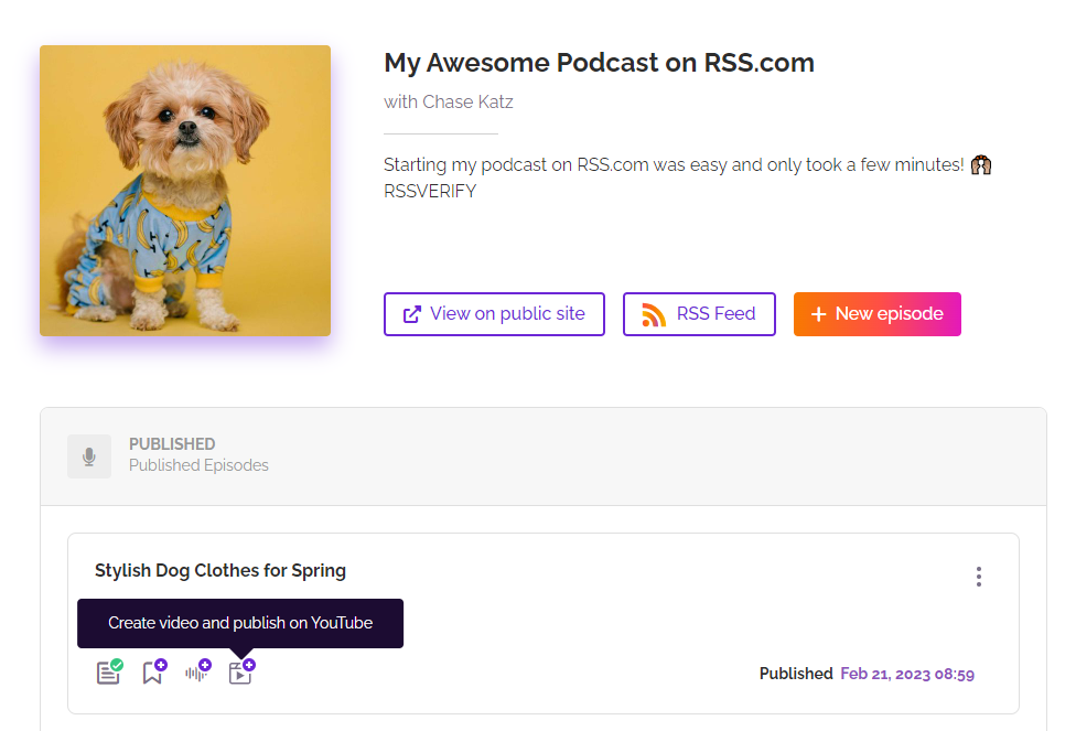 Screenshot of the RSS.com dashboard showing a published episode with a "Create video and publish on YouTube" option