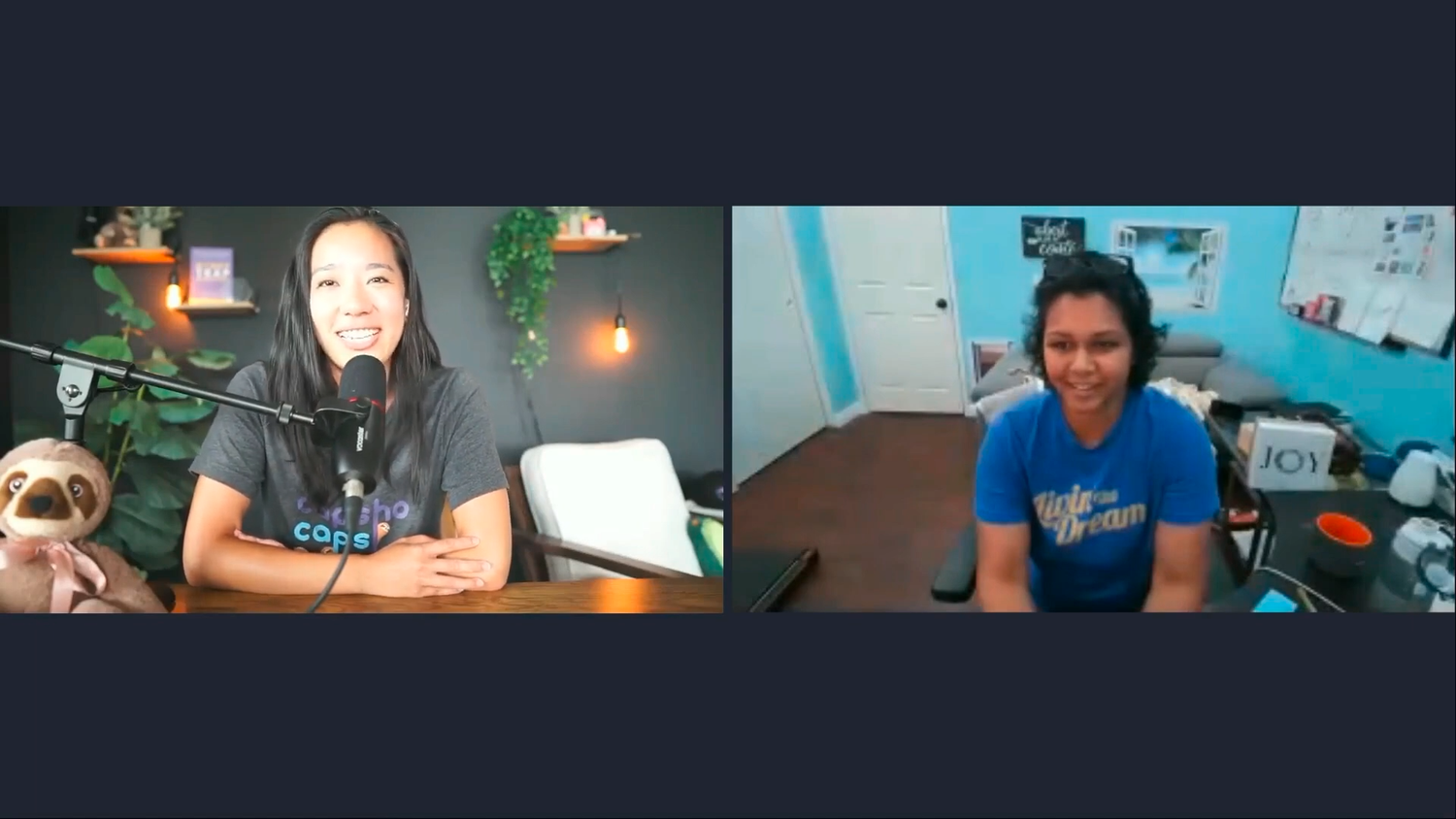 Split-screen video interview still showing host Deirdre Tshien on the left and guest Tasha Smith on the right, both speaking from home studios