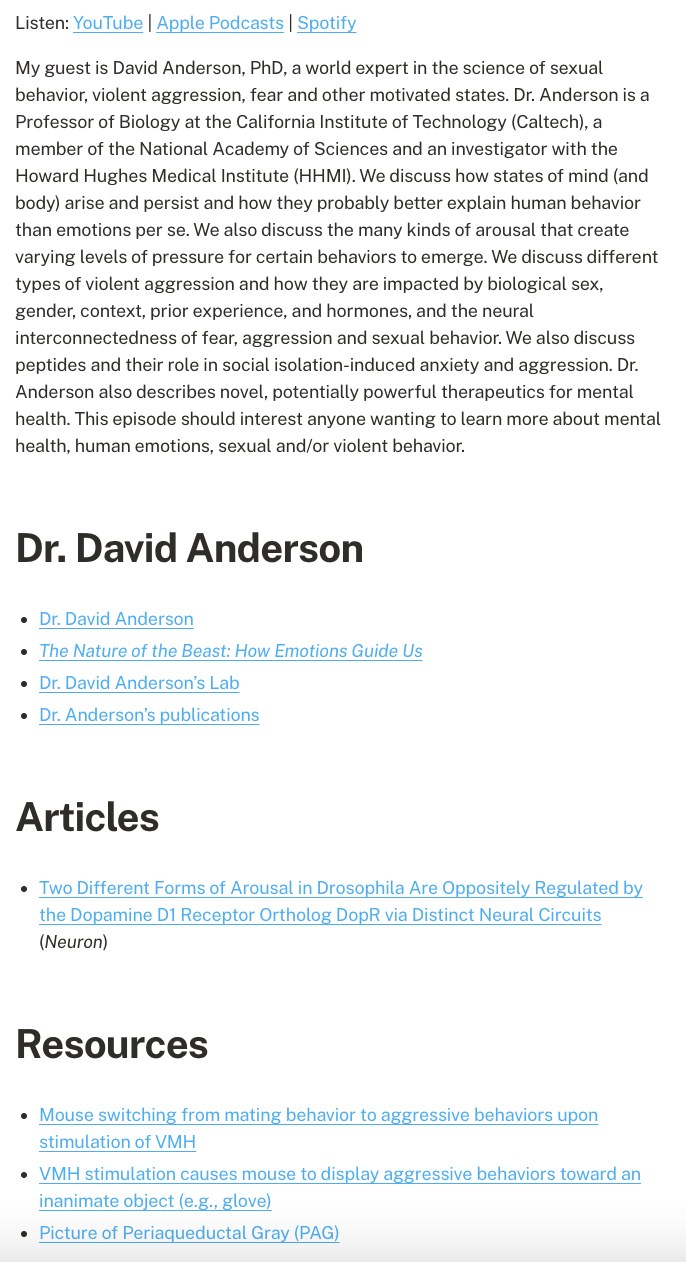 Screenshot of a Huberman Lab Podcast episode's show notes showing a list of hyperlinked resources and articles